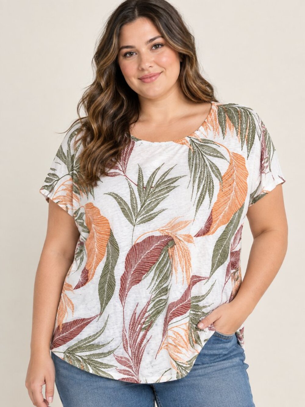 Orvis Classic Collection Tropical Leaf Print Top Size XL Short Sleeve Casual